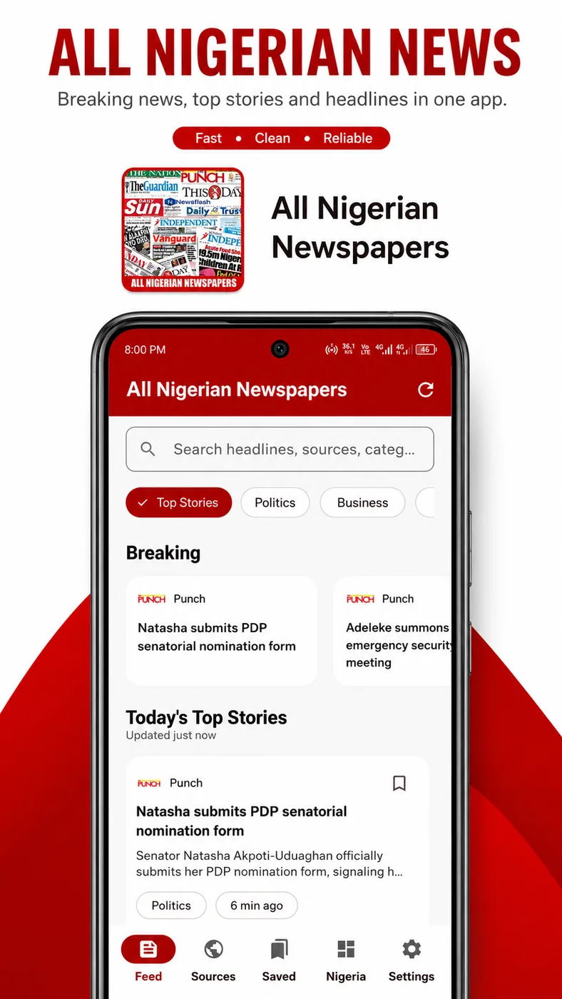 All Nigerian Newspapers app showing the Nigeria news home feed with breaking news and top stories