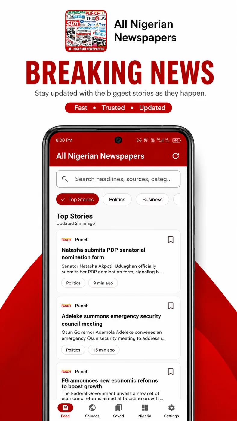Breaking news feed in the All Nigerian Newspapers app