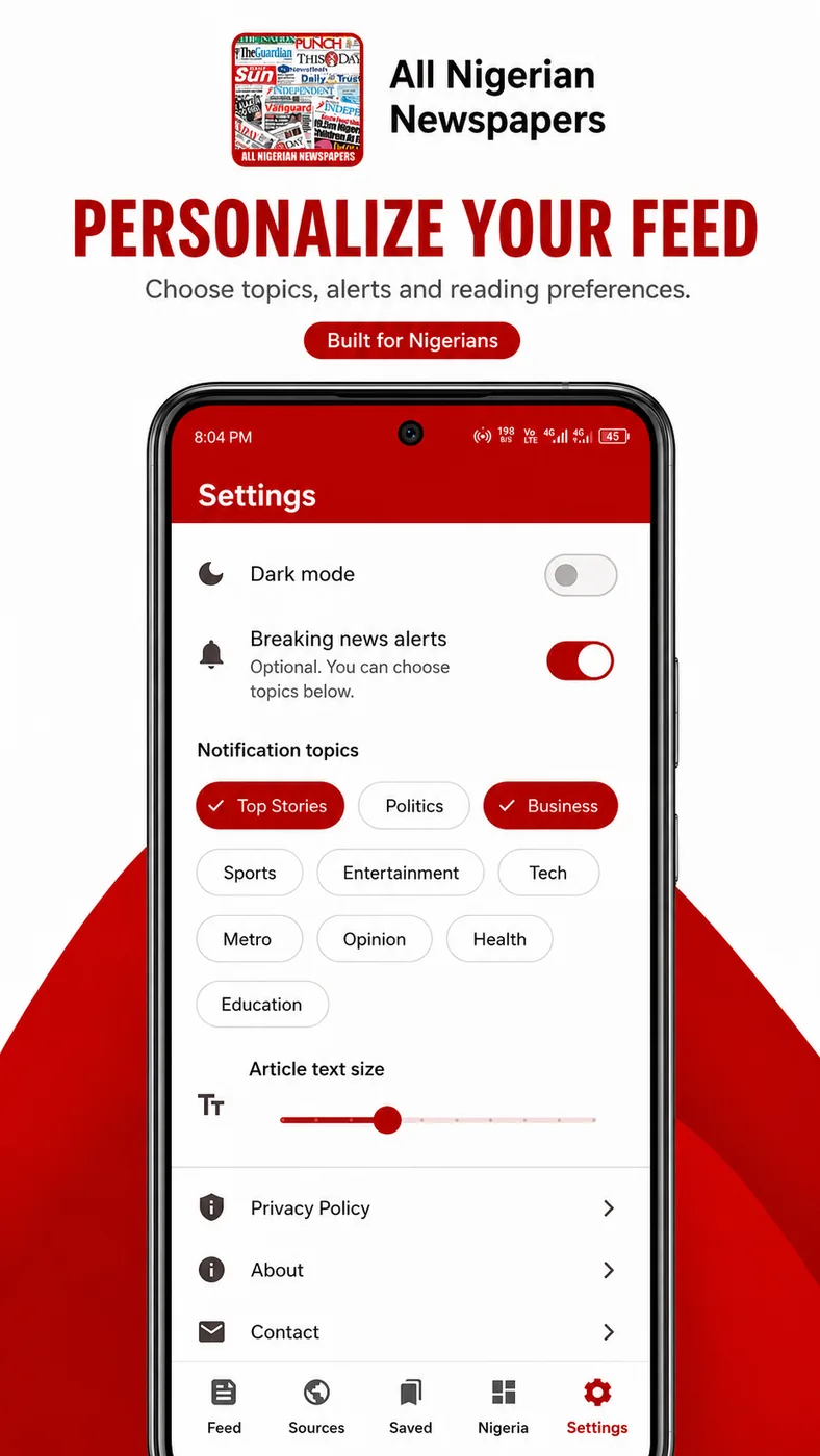 Personalizing the feed in All Nigerian Newspapers — choosing topics, alerts, dark mode and text size