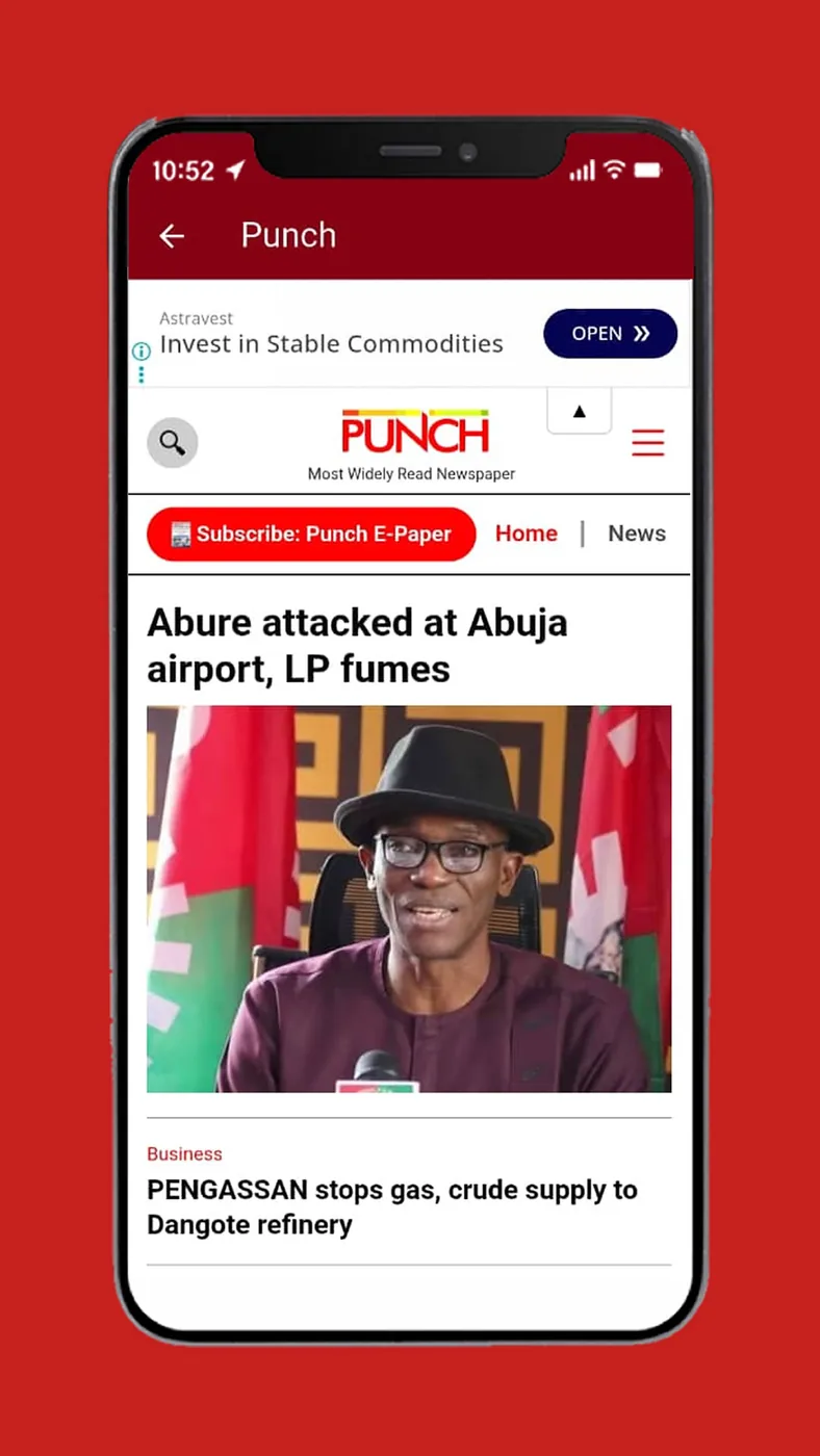 Reading the Punch newspaper inside the All Nigerian Newspapers app