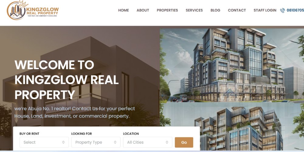 Kingzglow Real Property website homepage with property search