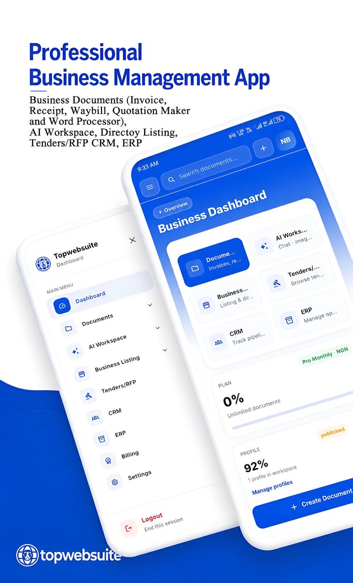 Topwebsuite business management app dashboard
