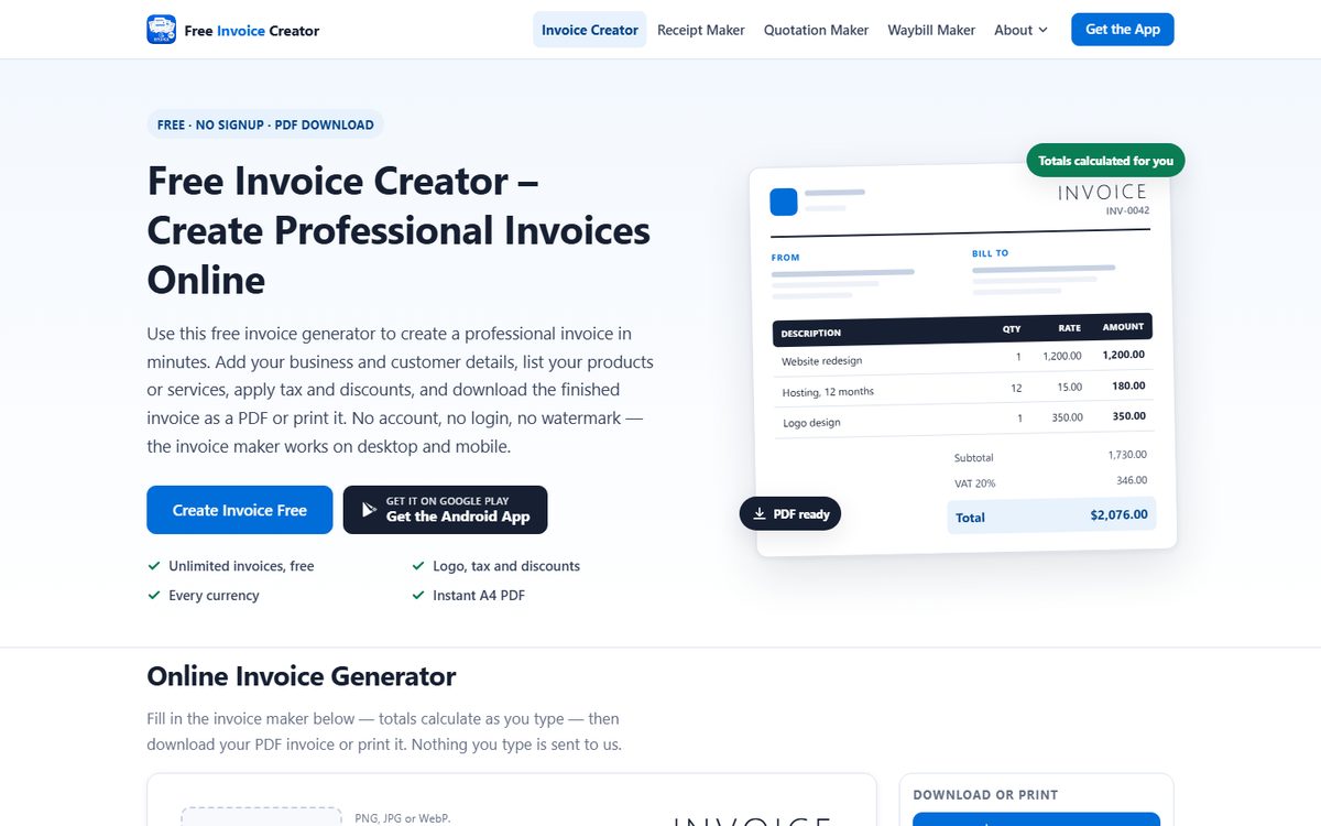 Free Invoice Creator Tool website — online invoice generator