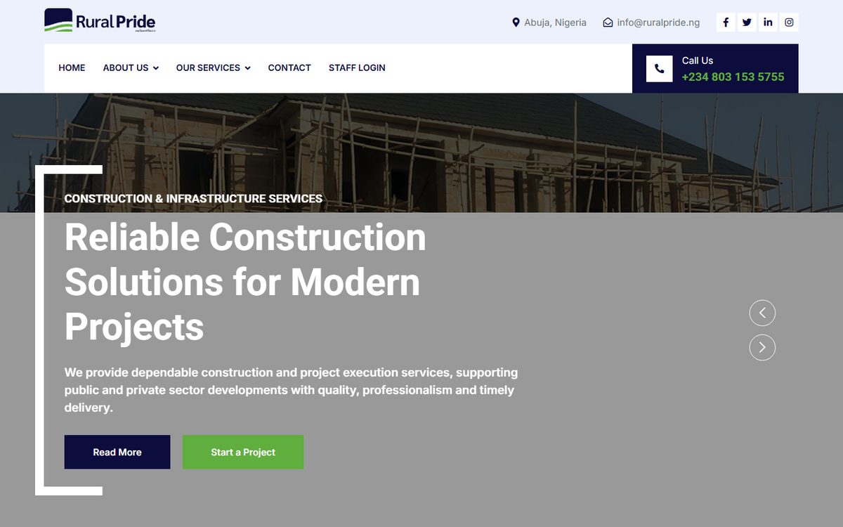 Rural Pride Investment — construction website + staff portal
