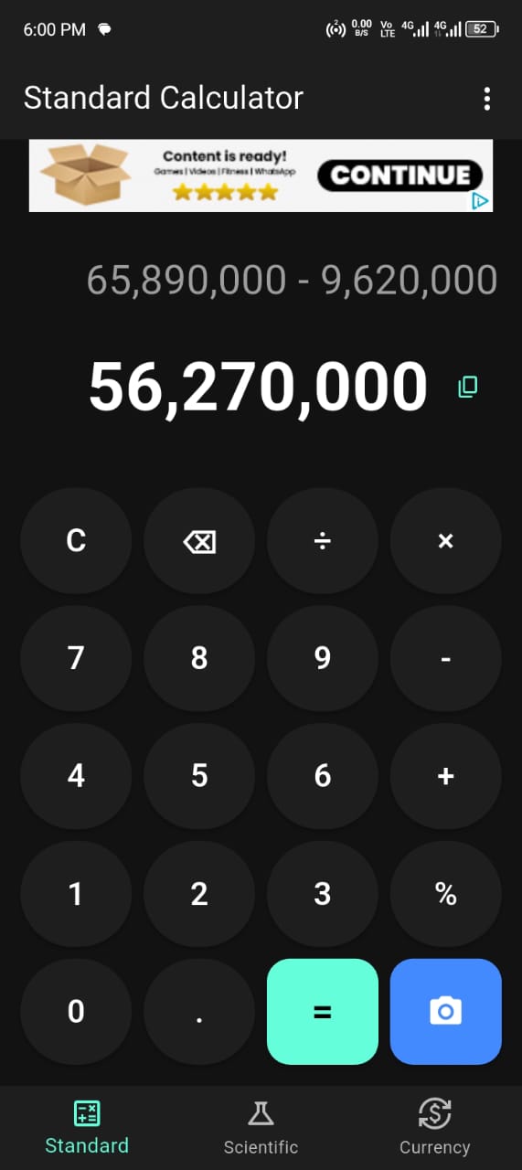 Standard calculator showing a result in Camera Calculator