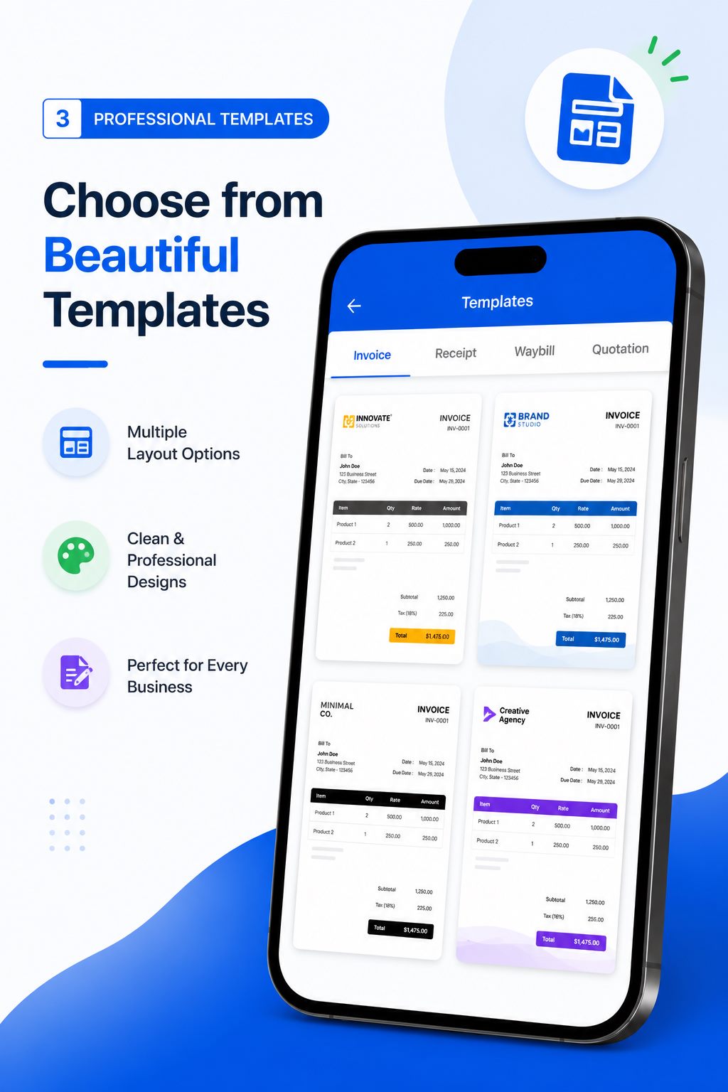 Quotation generator screen for a business price quote